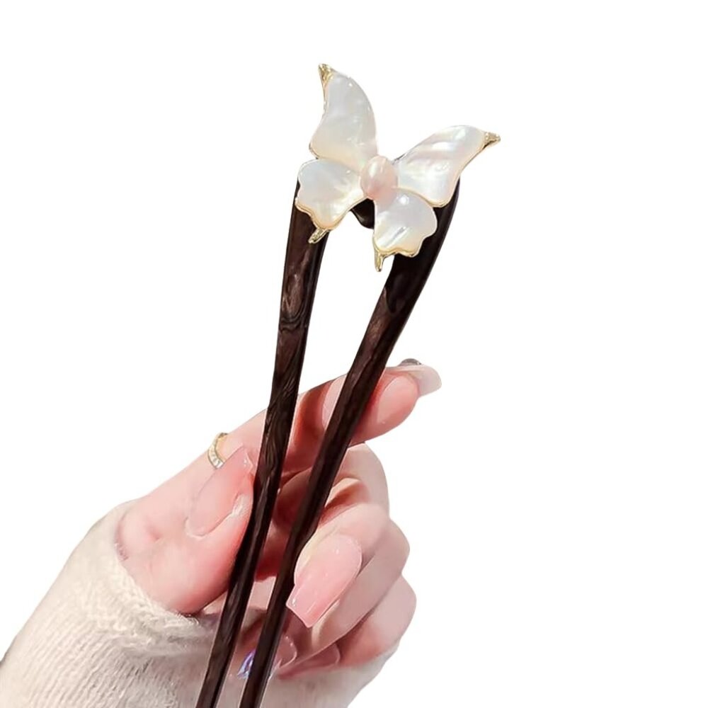 Handmade Wooden Hair Pin – U-Shaped Hair Fork with Natural Seashell Butterfly De